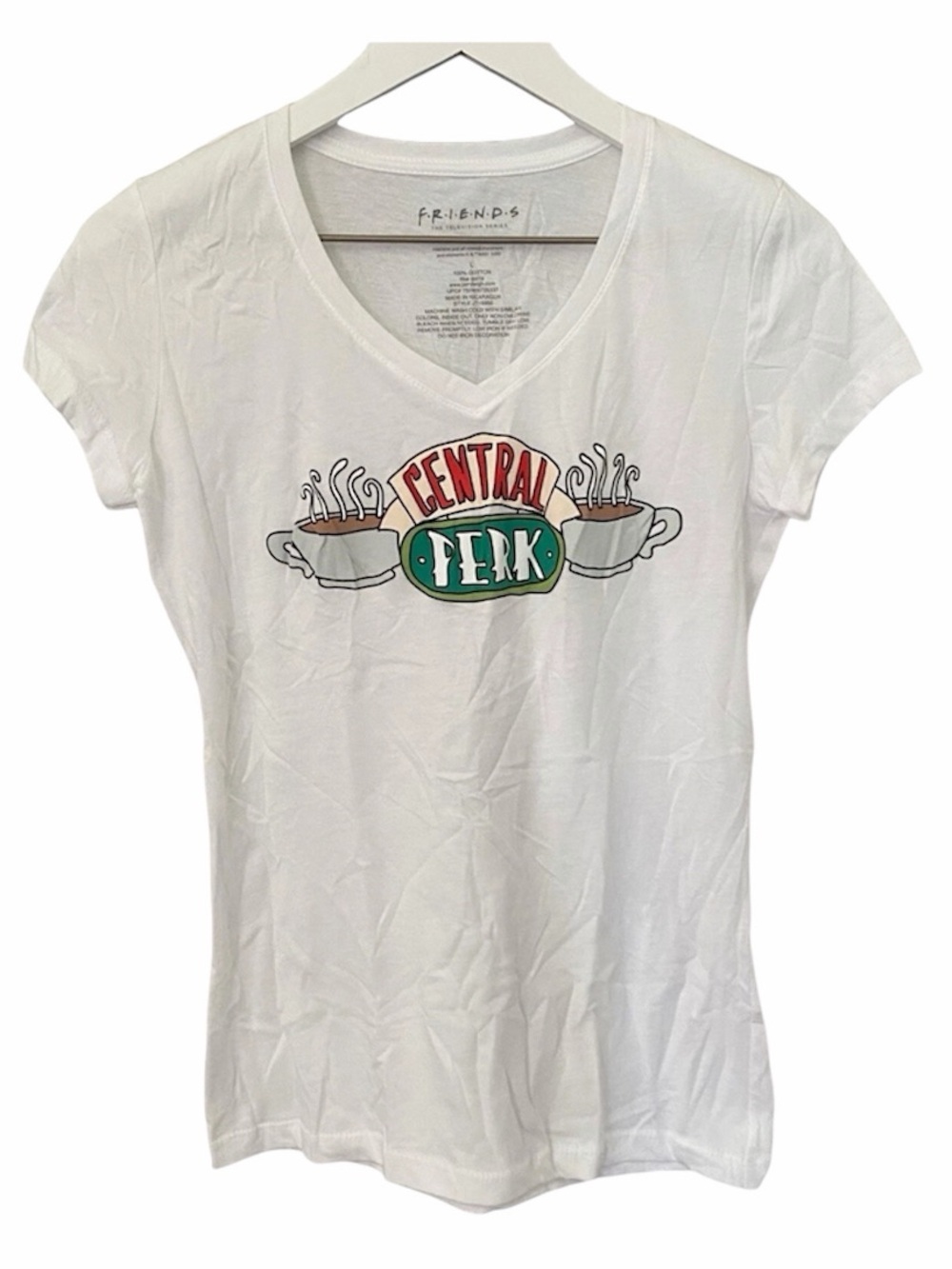 🆕 Friends Central Perk White V-Neck Graphic Tee size Small